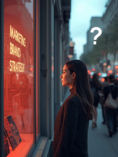 can you create an image of a female person looking at a storefront with a question mark hovering on the top of their head, thinking about her marketing brand,  add crowd behind her but she stands out can you create an image of a female person looking at a storefront with a question mark hovering on the top of their head, thinking about her marketing brand,  add crowd behind her but she stands out